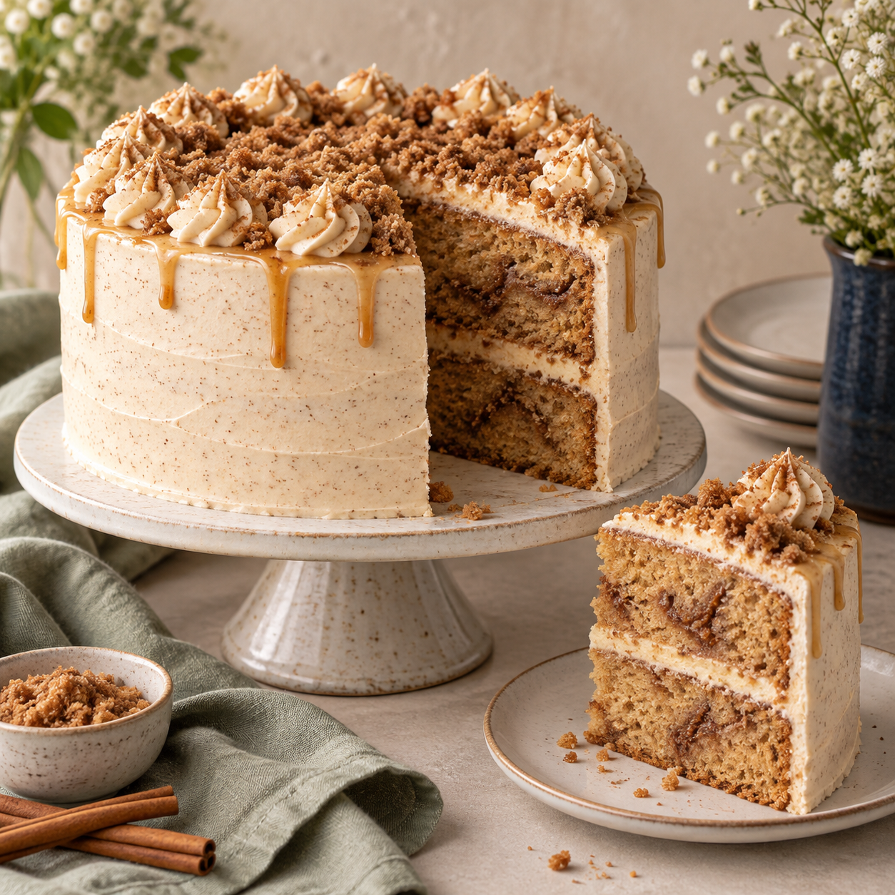 Brown sugar cinnamon layer cake with cinnamon buttercream, brown sugar crumble, and a caramel-colored drip
