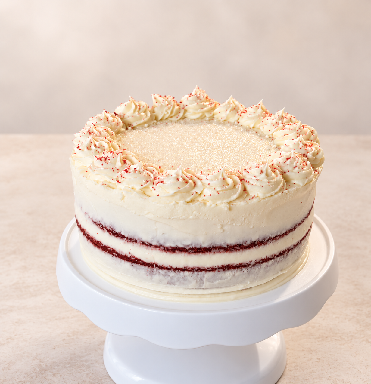 Red velvet layer cake with cream frosting, piped rosettes, and sparkling sugar