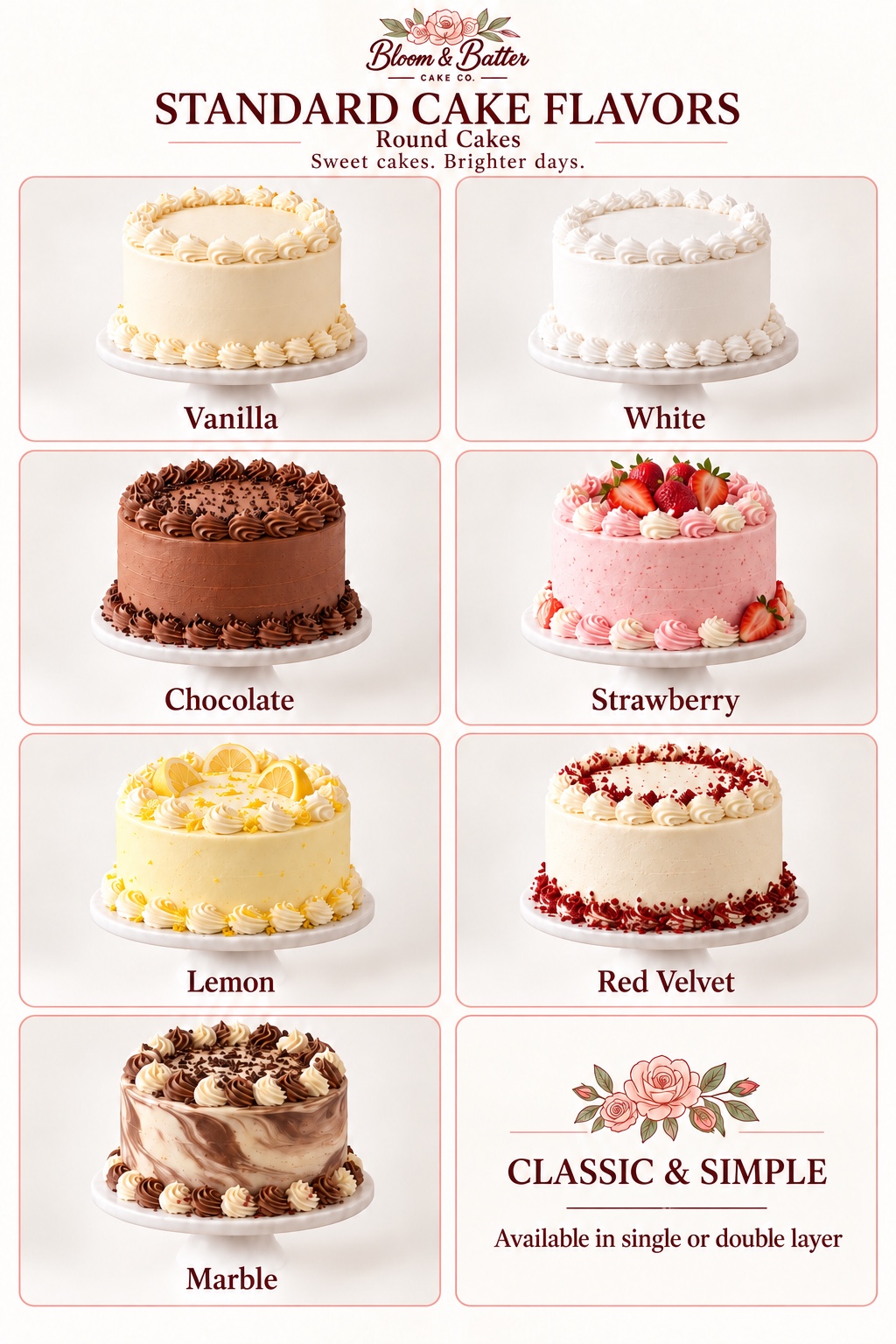 Bloom and Batter standard round cake flavor and pricing guide